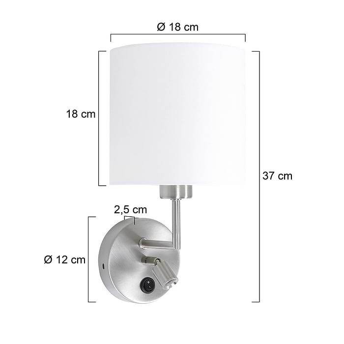 Wandlamp met LED leeslampje - staal inclusief witte linnen kap - 37 cm hoog - Noor - 1562ST - Mexlite. De lamp is te bedienen met een schakelaar op het armatuur. Het LED leeslampje is verstelbaar om het licht goed te kunnen richten.