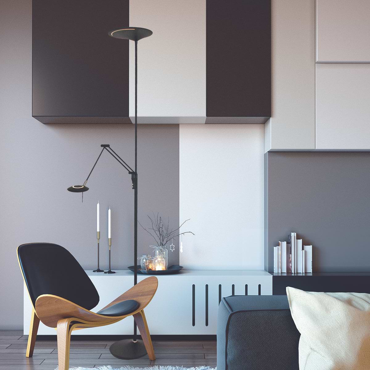 Vloerlamp 2-lichts LED leesarm knik - zwart en chroom - Zodiac LED - Steinhauer
