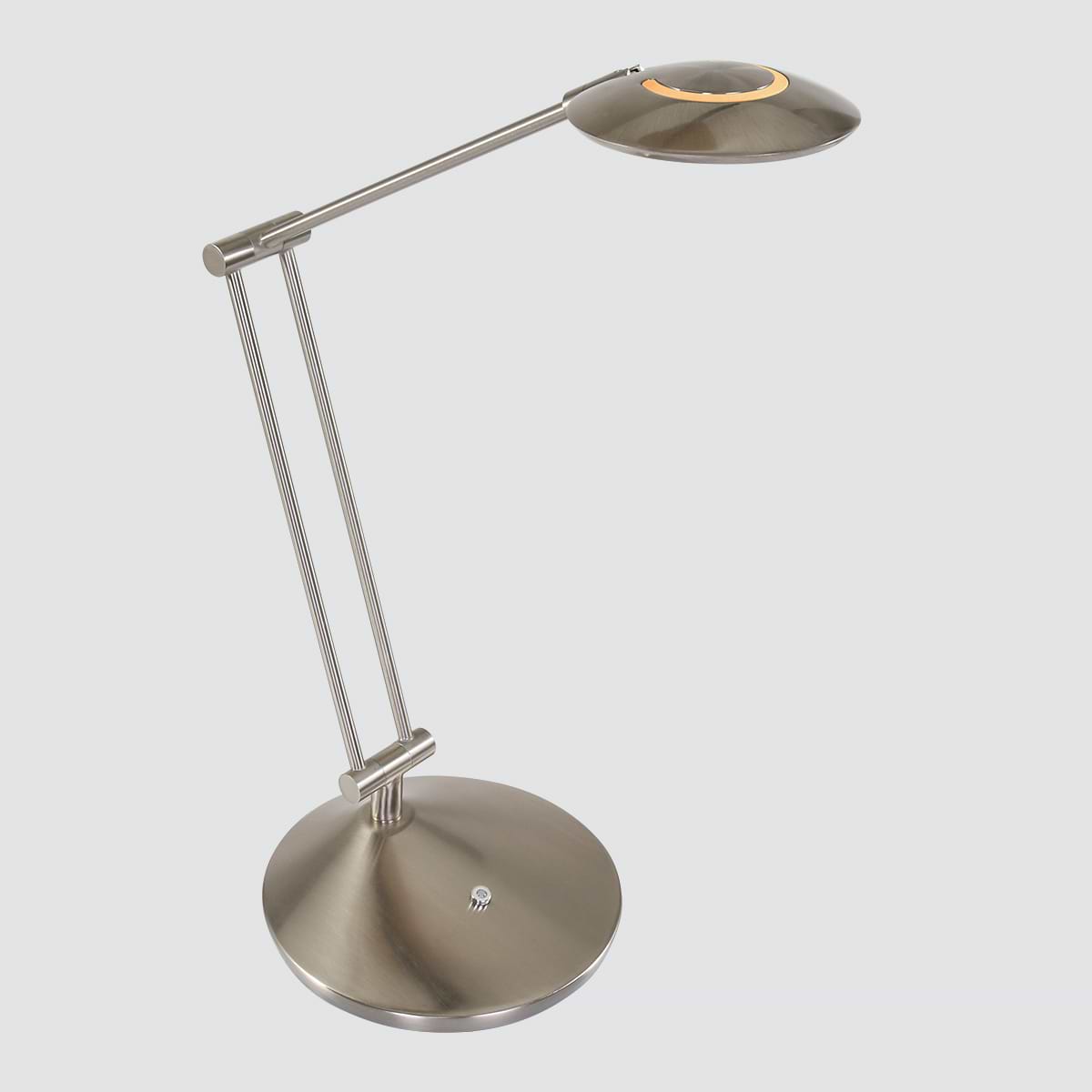 Leeslamp, tafellamp, bureaulamp. Functioneel en sfeerlicht. LED. Dimbaar en verstelbaar. Staal, RVS Look