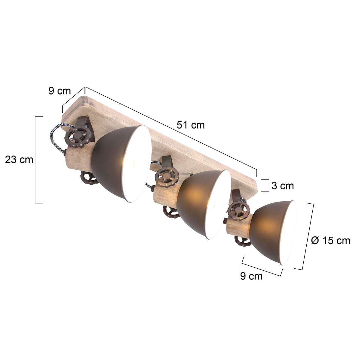 Spot 3-lichts E27, antraciet en hout, Gearwood, Mexlite - Afbeelding 6