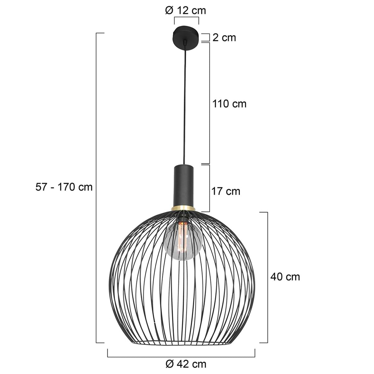 Hanglamp 1-lichts 45cm gouden ring - zwart - Aureole - Mexlite