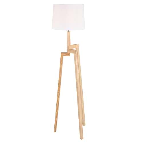 Vloerlamp 1-lichts 3-poot -doos A+B- MEXLITE - 7661BE - Vloerlamp- Mexlite- Bess- Modern - Trendy- Wit Bruin Witte kap- houten frame- zwart/wit snoer- Metaal Hout