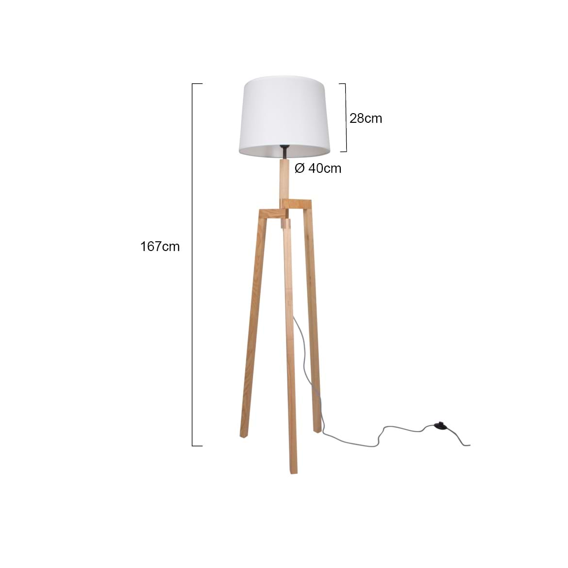 Vloerlamp 1-lichts 3-poot -doos A+B- MEXLITE - 7661BE - Vloerlamp- Mexlite- Bess- Modern - Trendy- Wit Bruin Witte kap- houten frame- zwart/wit snoer- Metaal Hout