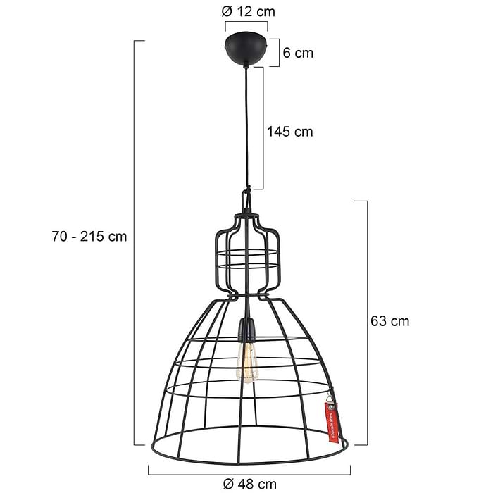 Hanglamp 1-lichts Industrie 48x68cm  ANNE LIGHTING - 7872ZW - Hanglamp- Anne Lighting- MarkIII- Industrieel - Design- Zwart  Zwart- Metaal