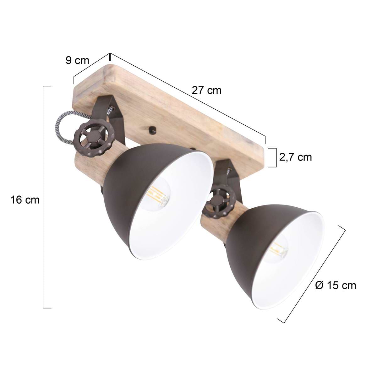 Plafondspot of wandspot 2-lichts E27 - antraciet en hout - Gearwood - Mexlite