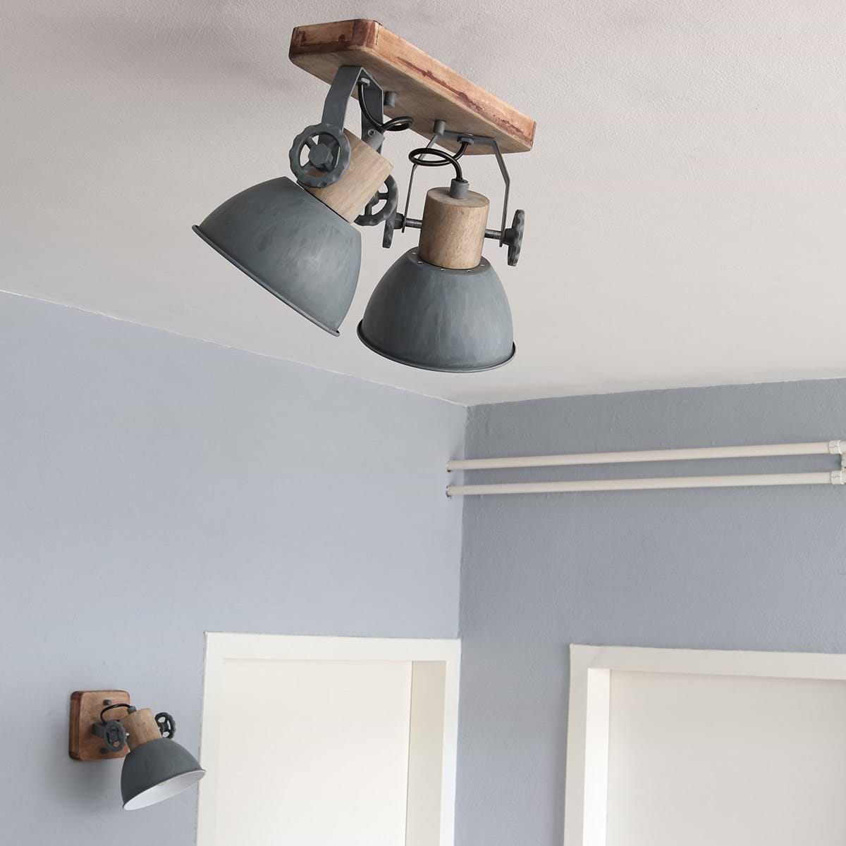 Spot 2-lichts - opbouw - landelijk - industrieel - plafondspots - Spot 2-lichts E27 MEXLITE STEINHAUER - 7969GR - Industriële plafondlamp - Spots - Mexlite - Gearwood spot - Trendy - Grijs
