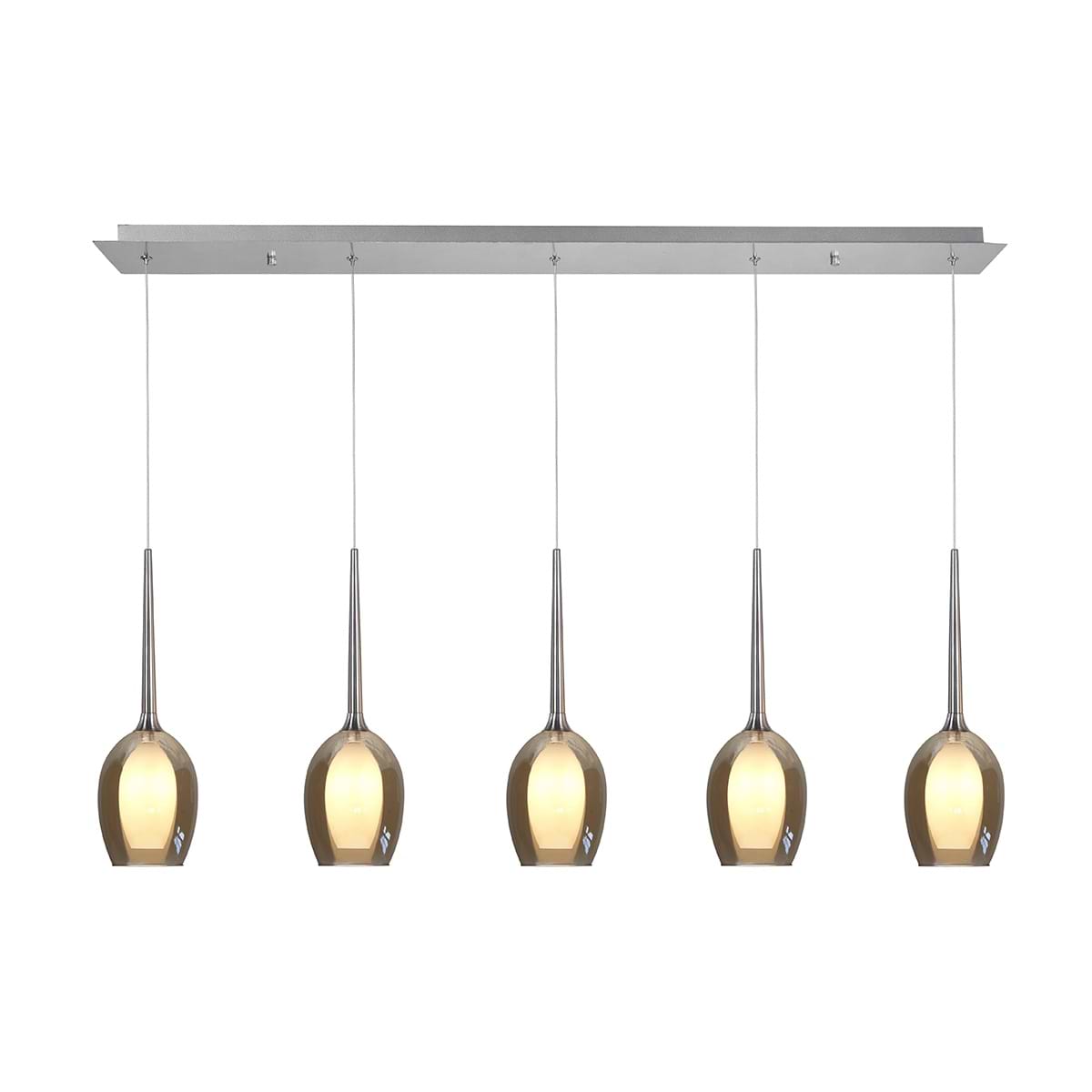 Hanglamp Belle 5xG9 balk 110cm -  Nikkel Metaal + buiten glas Amber + binnen glas Opaal - Serie Belle - Hanglamp - High Light - H514228
