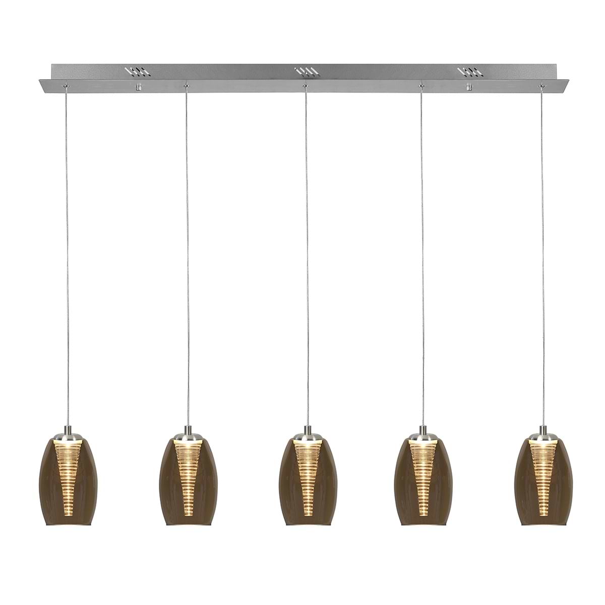Hanglamp Nebula 5x5W LED 2700K balk 110cm -  Nikkel Metaal dimbaar + glas Amber - Serie Nebula - Hanglamp - High Light - H543128