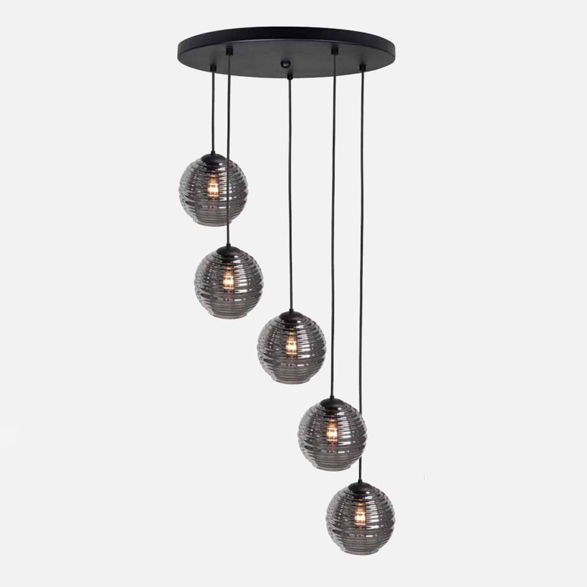 Hanglamp Fantasy Globe 5-lichts inclusief Smoke glas bollen - LED - mat zwart - dimbaar - HIGH LIGHT -  Prachtige transparante zwarte smoke glas kappen -  Diameter glas is 22 cm -  Lichtbron is exclusief -  Deze prachtige hanglamp is dimbaar met een externe dimmer -  O1039 - 01  +  5xG2041 - 19
