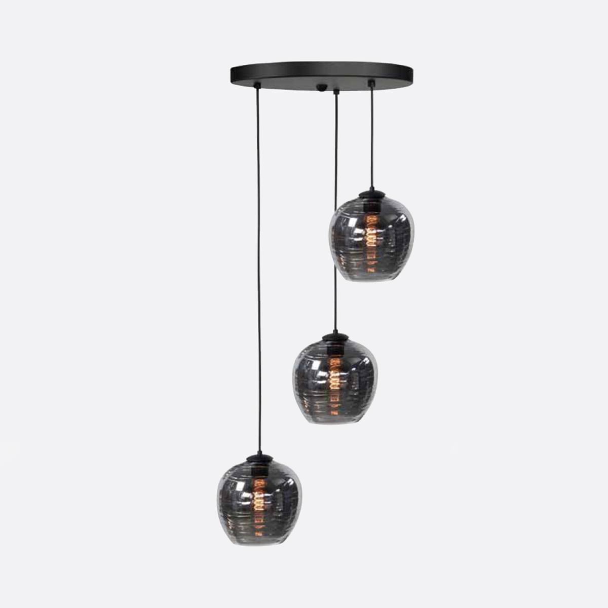 Hanglamp Fantasy Globe 3-lichts inclusief gladde Smoke glas bollen - LED - mat zwart - dimbaar - HIGH LIGHT -  Prachtige transparante zwarte smoke glas kappen - diameter 22 cm -  Fitting E27 - lichtbronnen exclusief -  Deze prachtige hanglamp is dimbaar met een externe dimmer -  O1043 - 01 + G2040 - 19