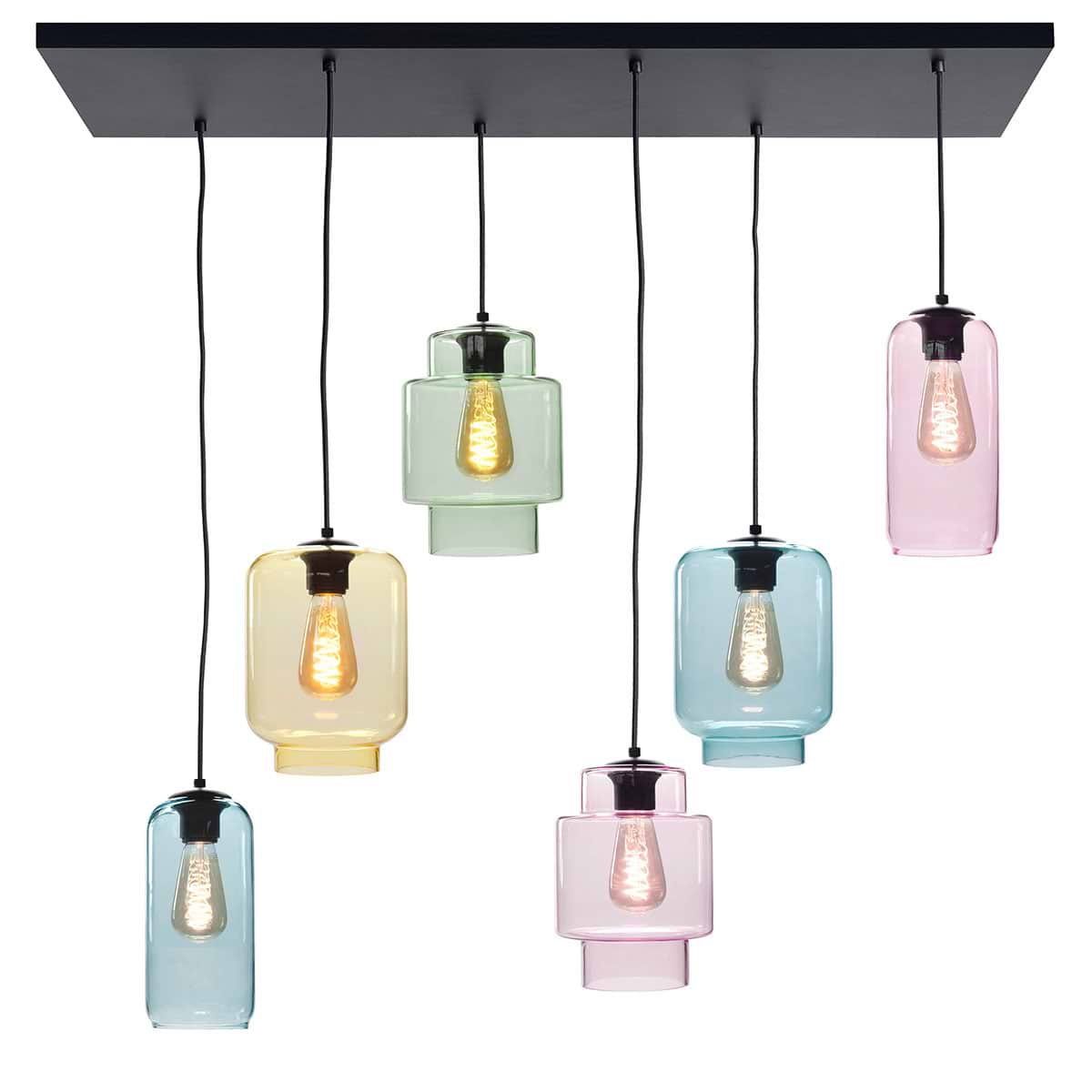 Hanglamp Fantasy Multicolor 6-lichts inclusief gekleurd glas - LED - plafondplaat is mat zwart - dimbaar - van HIGH LIGHT -  Prachtige gladde multicolor glas kappen -  Drie verschillende modellen waarvan het Belle model - de slanke lange - 22 cm lang is -  Fitting E27 - lichtbronnen exclusief -  Deze prachtige hanglamp is dimbaar met een externe dimmer -  De plafondplaat is 100 x 35 cm -  Het snoer maximaal 130 cm -