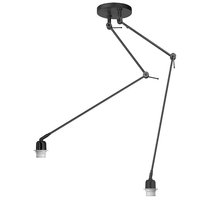 Hanglamp - Plafondlamp - Rod van HIGH LIGHT - 2-lichts - hoogte 140 cm - reikwijdte 2 x 90 cm -  De prijs betreft het mat zwarte armatuur met twee hengels -  De lamp is bovenin draaibaar en op de hengels verstelbaar -  Op de plaats waar lampenkappen op bevestigd kunnen worden zit in het armatuur een mogelijkheid om de kappen te verstellen -  De lamp is dimbaar met een externe wanddimmer (exclusief) -  Het armatuur wordt geleverd exclusief lampenkappen en lichtbronnen -  Kijk voor mooie lampenkappen en E27 fitting LED lampen in onze webshop -  Een lampenkap van 35 tot 40 cm doorsnede past perfect bij dit armatuur -  P6091 - 01