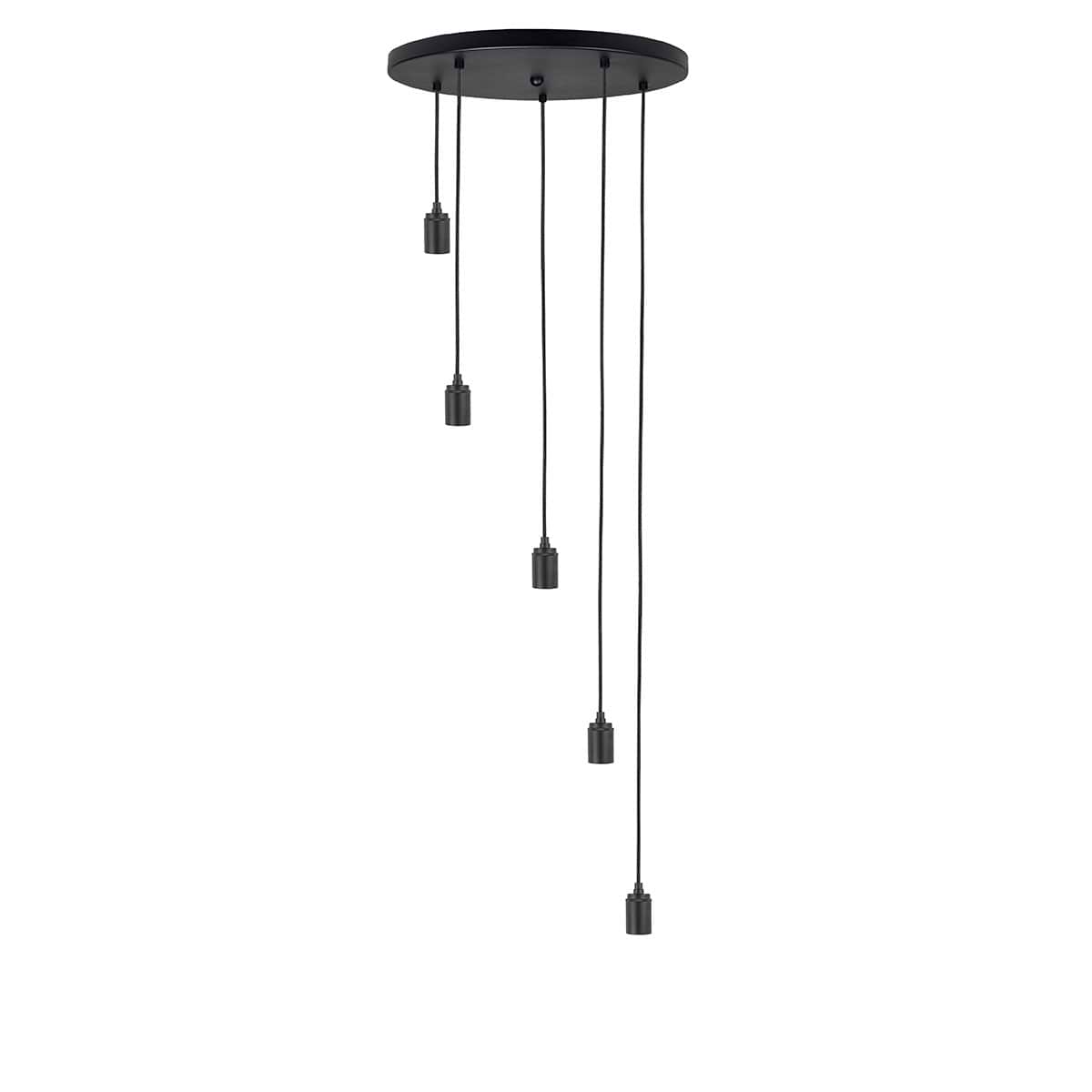 Hanglamp Fantasy - 5-lichts - HIGH LIGHT -  De doorsnede van de alu plafondplaat is 45 cm -  De maximale lengte van de kabel is 150 cm - maar gemakkelijk in te korten -  Dit betreft een mat zwart armatuur inclusief de E27 fittingen -  Aan deze lamp passen perfect de Fantasy glas kappen -  Maar de lamp is ook zonder kappen prachtig als u voor de Fantasy LED lichtbronnen kiest - zie onze webshop bij LED lichtbronnen -  Glas en lichtbronnen zijn exclusief - het betreft hier alleen het armatuur -  De lamp is dimbaar te maken met een externe dimmer (exclusief) -  O1038 - 01