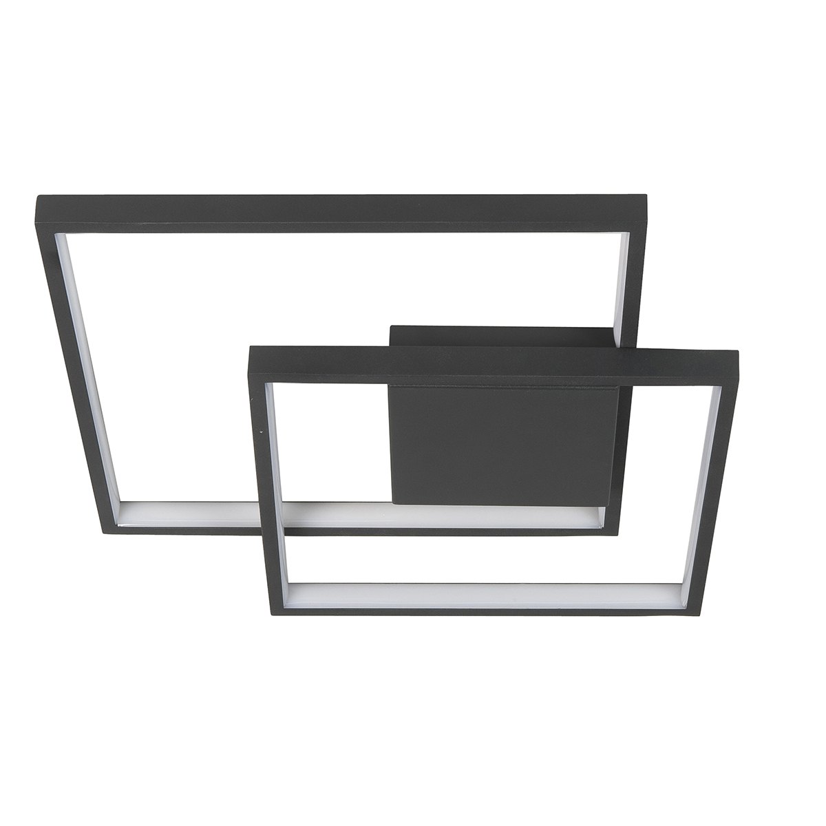 5 cm hoog - incl -  3-standen driver en geïntegreerde LED lichtbron -  De plafondlamp komt uit de Piazza serie van HIGH LIGHT waarin ook andere varianten zitten -  De vierkanten zitten vast aan de plafondbak -  Het licht schijnt naar binnen en straalt dan uit naar beneden -  Deze plafonnier wordt geleverd inclusief een 3-standen driver -  Deze lamp heeft een led module die schakelbaar is door middel van het aan en uit doen van de bestaande muurschakelaar (dit mag geen dimmer zijn) -  Daarmee dimt u de lamp van volle sterkte 100% naar 70% of naar 30% -  De geïntegreerde LED lichtbron heeft telt 40 Watt - 2700 Kelvin en 3600 Lumen -  P6413 - 01
