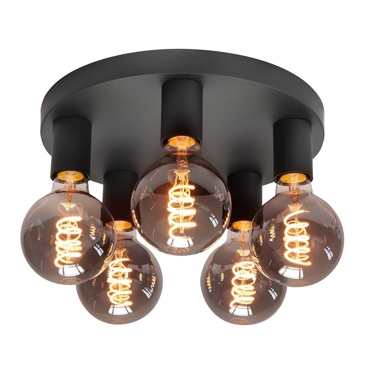 Plafondlamp Basic 5-lichts - mat zwart - rond - diameter 30 cm - E27 - dimbaar - HIGH LIGHT -  Moderne plafond lamp geschikt voor vijf lichtbronnen met E27 fitting van maximaal 40 Watt (exclusief) -  Ook zeer geschikt voor dimbare LED filament lampen (kijk in onze webshop bij LED lichtbronnen) -  Deze plafond lamp uit de Basic serie van High Light is dimbaar met een externe wanddimmer (exclusief) -  P6621 - 01