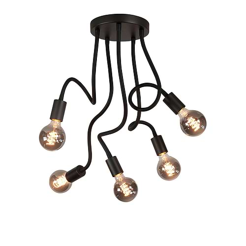 Plafondlamp Flex 5-lichts - mat zwart van HIGH LIGHT -  Deze moderne industriële plafondlamp is voorzien van flexibele buizen met een lengte 50 cm - u kunt de armen van de lamp daardoor buigen -  De diameter van de mat zwarte aluminium plafondplaat is 20 cm -  Hij is geschikt voor vijf lichtbronnen met E27 fitting van maximaal 40 Watt (exclusief) -  Ook zeer geschikt voor de mooie dimbare LED filament lampen (kijk in onze webshop bij LED lichtbronnen) -  Deze plafondlamp uit de Flex serie van High Light is dimbaar met een externe wanddimmer (exclusief) -  De plafondlamp is ook te leveren met drie licht armen -  P6627 - 01