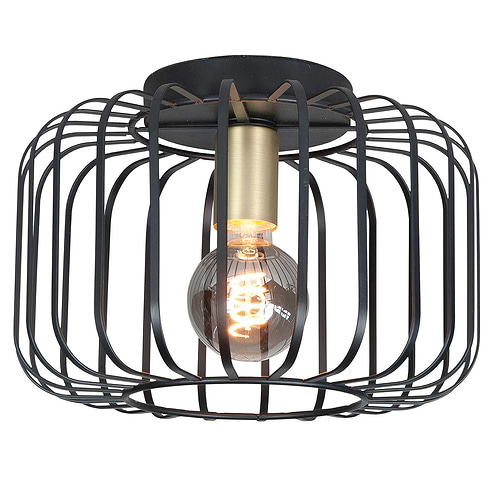 Plafondlamp Lucca - mat zwart gecombineerd met met mat goud - rond - diameter 30 cm - hoogte korf is 23 cm - dimbaar - HIGH LIGHT -  Moderne plafond lamp past ook in vintage en industrieel interieur -  Geschikt voor een lichtbron met E27 fitting van maximaal 60 Watt (exclusief) -  Ook zeer geschikt voor dimbare LED filament lampen (kijk in onze webshop bij LED lichtbronnen) -  Deze plafond lamp uit de Lucca serie van High Light is dimbaar met een externe wanddimmer (exclusief) -  P6867 - 01