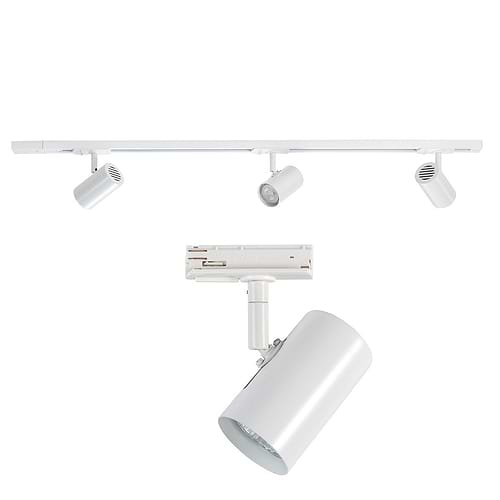 Railverlichting - set van witte spanningrail 100 cm met 3 witte cilinder spots - GU10 LED - HIGH LIGHT -  Dit moderne 1 fase railsysteem van Highlight is ook leverbaar met retro bol spots -  En de hele serie is ook verkrijgbaar in de kleur mat zwart -  Deze set is bovendien volledig uit te breiden -  Het railsysteem kunt u namelijk koppelen aan meer rail en u kunt meer spots in het railsysteem schuiven -  In onze webshop vindt u in de categorie Railverlichting rails van 100 cm en van 150 cm - allerlei koppelstukken - verbinders en ook bochten om het systeem uit te breiden -  Zelfs een adapter om eventueel een hanglamp aan het systeem te hangen -  Alle items in onze webshop met code RSWebo-1 - passen bij elkaar -  De spots zijn te verschuiven - draaibaar en kantelbaar -  De aansluitvoeding zit aan het begin van de rail daar zit ook het kroonsteentje om de aansluiting te maken -  De rail in deze samengestelde set heeft een lengte van 100 cm - een breedte van 3