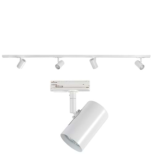 Railverlichting - set van witte spanningrail 150 cm met 4 witte cilinder spots - GU10 LED - HIGH LIGHT -  Dit moderne 1 fase railsysteem van Highlight is ook leverbaar met retro bol spots -  En de hele serie is ook verkrijgbaar in de kleur mat zwart -  Deze set is bovendien volledig uit te breiden -  Het railsysteem kunt u namelijk koppelen aan meer rail en u kunt meer spots in het railsysteem schuiven -  In onze webshop vindt u in de categorie Railverlichting rails van 150 cm en van 150 cm - allerlei koppelstukken - verbinders en ook bochten om het systeem uit te breiden -  Zelfs een adapter om eventueel een hanglamp aan het systeem te hangen -  Alle items in onze webshop met code RSWebo-1 - passen bij elkaar -  De spots zijn te verschuiven - draaibaar en kantelbaar -  De aansluitvoeding zit aan het begin van de rail daar zit ook het kroonsteentje om de aansluiting te maken -  De rail in deze samengestelde set heeft een lengte van 150 cm - een breedte van 3