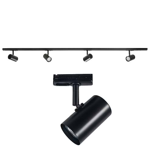 Railverlichting - set van mat zwarte spanningrail 150 cm met 4 mat zwarte cilinder spots - GU10 LED - HIGH LIGHT -  Dit moderne 1 fase railsysteem van Highlight is ook leverbaar met retro bol spots -  En de hele serie is ook verkrijgbaar in de kleur wit -  Deze set is bovendien volledig uit te breiden -  Het railsysteem kunt u namelijk koppelen aan meer rail en u kunt meer spots in het railsysteem schuiven -  In onze webshop vindt u in de categorie Railverlichting rails van 150 cm en van 100 cm - allerlei koppelstukken - verbinders en ook bochten om het systeem uit te breiden -  Zelfs een adapter om eventueel een hanglamp aan het systeem te hangen -  Alle items in onze webshop met code RSWebo-1 - passen bij elkaar -  De spots zijn te verschuiven - draaibaar en kantelbaar -  De aansluitvoeding zit aan het begin van de rail daar zit ook het kroonsteentje om de aansluiting te maken -  De rail in deze samengestelde set heeft een lengte van 150 cm - een breedte van 3