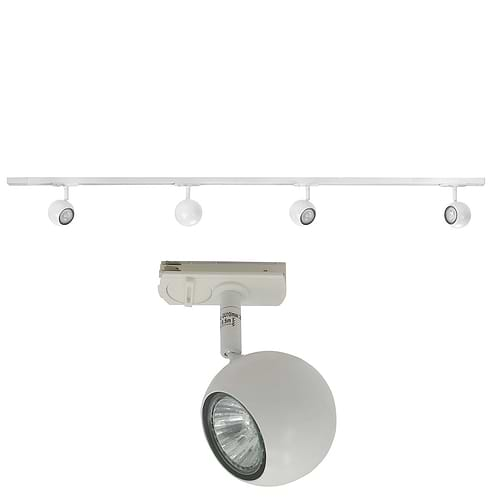 Railverlichting - set van witte spanningrail 150 cm met 4 witte retro bol spots - GU10 LED - HIGH LIGHT -  Dit moderne 1 fase railsysteem van Highlight is ook leverbaar met cilinder spots -  En de hele serie is ook verkrijgbaar in de kleur mat zwart -  Deze set is bovendien volledig uit te breiden -  Het railsysteem kunt u namelijk koppelen aan meer rail en u kunt meer spots in het railsysteem schuiven -  In onze webshop vindt u in de categorie Railverlichting rails van 150 cm en van 150 cm - allerlei koppelstukken - verbinders en ook bochten om het systeem uit te breiden -  Zelfs een adapter om eventueel een hanglamp aan het systeem te hangen -  Alle items in onze webshop met code RSWebo-1 - passen bij elkaar -  De spots zijn te verschuiven - draaibaar en kantelbaar -  De aansluitvoeding zit aan het begin van de rail daar zit ook het kroonsteentje om de aansluiting te maken -  De rail in deze samengestelde set heeft een lengte van 150 cm - een breedte van 3