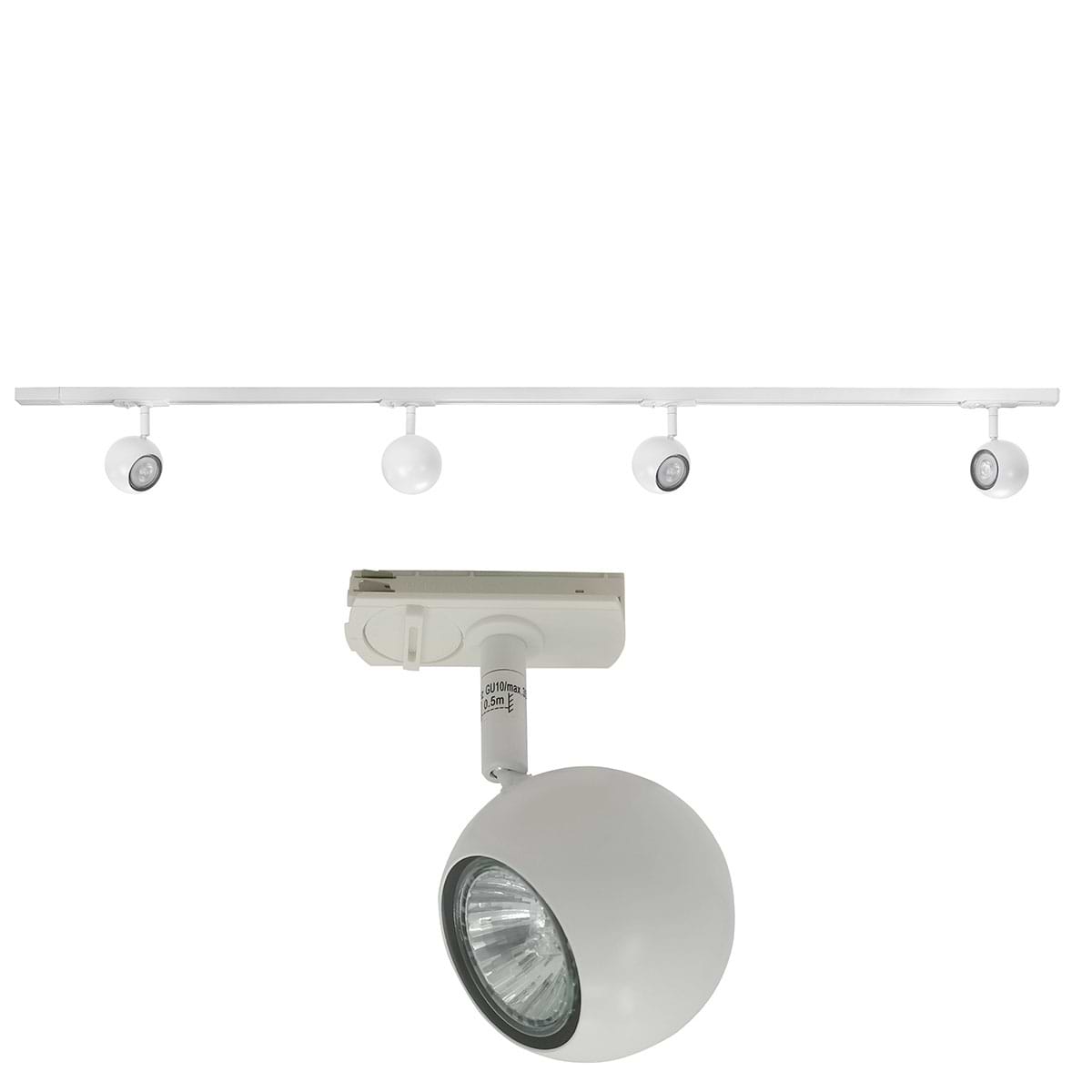 Railverlichting - set van witte spanningrail 150 cm met 4 witte retro bol spots - GU10 LED - HIGH LIGHT -  Dit moderne 1 fase railsysteem van Highlight is ook leverbaar met cilinder spots -  En de hele serie is ook verkrijgbaar in de kleur mat zwart -  Deze set is bovendien volledig uit te breiden -  Het railsysteem kunt u namelijk koppelen aan meer rail en u kunt meer spots in het railsysteem schuiven -  In onze webshop vindt u in de categorie Railverlichting rails van 150 cm en van 150 cm - allerlei koppelstukken - verbinders en ook bochten om het systeem uit te breiden -  Zelfs een adapter om eventueel een hanglamp aan het systeem te hangen -  Alle items in onze webshop met code RSWebo-1 - passen bij elkaar -  De spots zijn te verschuiven - draaibaar en kantelbaar -  De aansluitvoeding zit aan het begin van de rail daar zit ook het kroonsteentje om de aansluiting te maken -  De rail in deze samengestelde set heeft een lengte van 150 cm - een breedte van 3