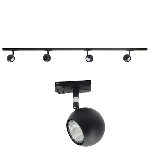 Railverlichting - set van mat zwarte spanningrail 150 cm met 4 mat zwarte retro bol spots - GU10 LED - HIGH LIGHT -  Dit moderne 1 fase railsysteem van Highlight is ook leverbaar met cilinder spots -  En de hele serie is ook verkrijgbaar in de kleur wit -  Deze set is bovendien volledig uit te breiden -  Het railsysteem kunt u namelijk koppelen aan meer rail en u kunt meer spots in het railsysteem schuiven -  In onze webshop vindt u in de categorie Railverlichting rails van 150 cm en van 100 cm - allerlei koppelstukken - verbinders en ook bochten om het systeem uit te breiden -  Zelfs een adapter om eventueel een hanglamp aan het systeem te hangen -  Alle items in onze webshop met code RSWebo-1 - passen bij elkaar -  De spots zijn te verschuiven - draaibaar en kantelbaar -  De aansluitvoeding zit aan het begin van de rail daar zit ook het kroonsteentje om de aansluiting te maken -  De rail in deze samengestelde set heeft een lengte van 150 cm - een breedte van 3