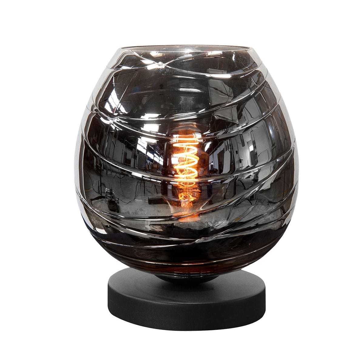 Tafellamp Fantasy Apple - 25 cm hoog - Mat Zwart - incl -  glas Smoke diameter 21 cm - Serie Fantasy Apple - inclusief snoerschakelaar - dimbaar - High Light - T1049 - 01 + G2040 - 19