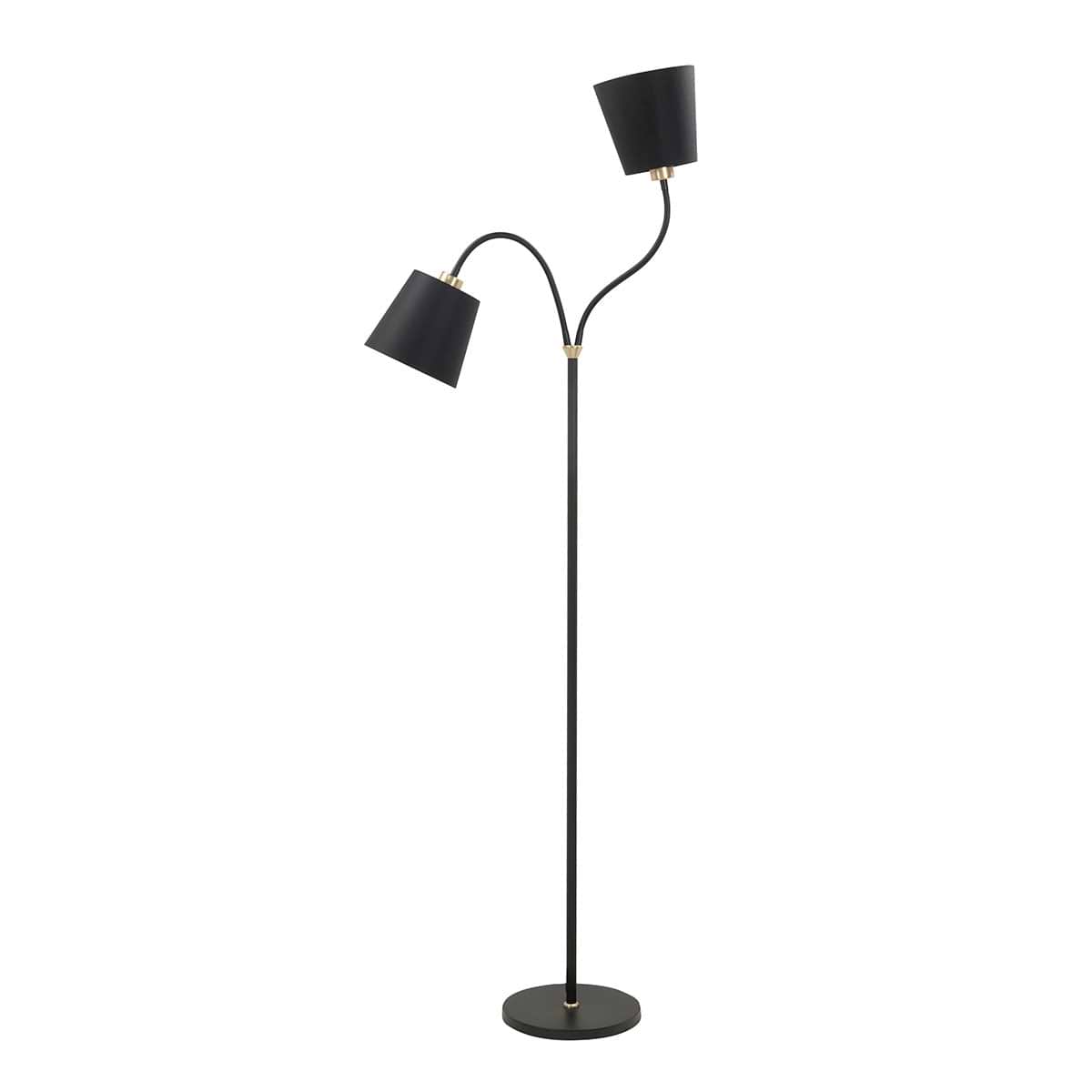 Vloerlamp Texas 2-lichts -  Het armatuur van deze sfeerlamp is mat zwart met goud -  De lamp heeft twee flexibele armen -  Hoogte 140 cm - inclusief zwarte lampenkappen - lichtbronnen E27 (exclusief) - HIGH LIGHT -  De schakelaar zit op de lamphouder (voet) -  De lamp is dimbaar te maken met een externe dimmer (exclusief) -  De zwarte hangende puntvormige lampenkapen zijn ook zwart en hebben een afmeting van 18-13-16 cm -  Deze moderne leeslamp komt uit de Texas serie van High Light en is leverbaar met één of twee licht armen -  V4266 - 38 + 2xO4329 - 01