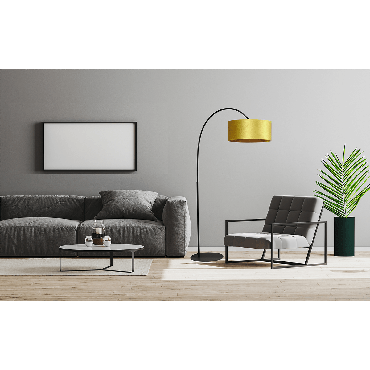 Vloerlamp Arch black - mat zwart - hoogte 183 cm - breedte 88 cm inclusief gele lampenkap - Artik yellow 52/52/25 cm - uit/aan schakelaar - MASTERLIGHT