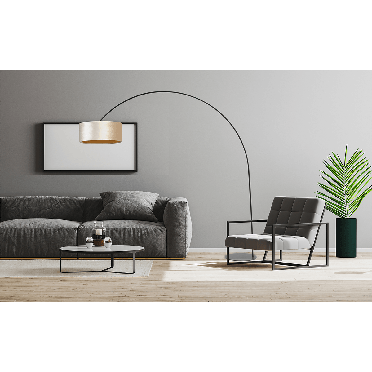 Vloerlamp - booglamp - Arch XXL matt black - mat zwart - hoogte 223 cm - breedte 217 cm - inclusief zandkleurige lampenkap - Artik sand 52/52/25 cm - uit/aan schakelaar - MASTERLIGHT