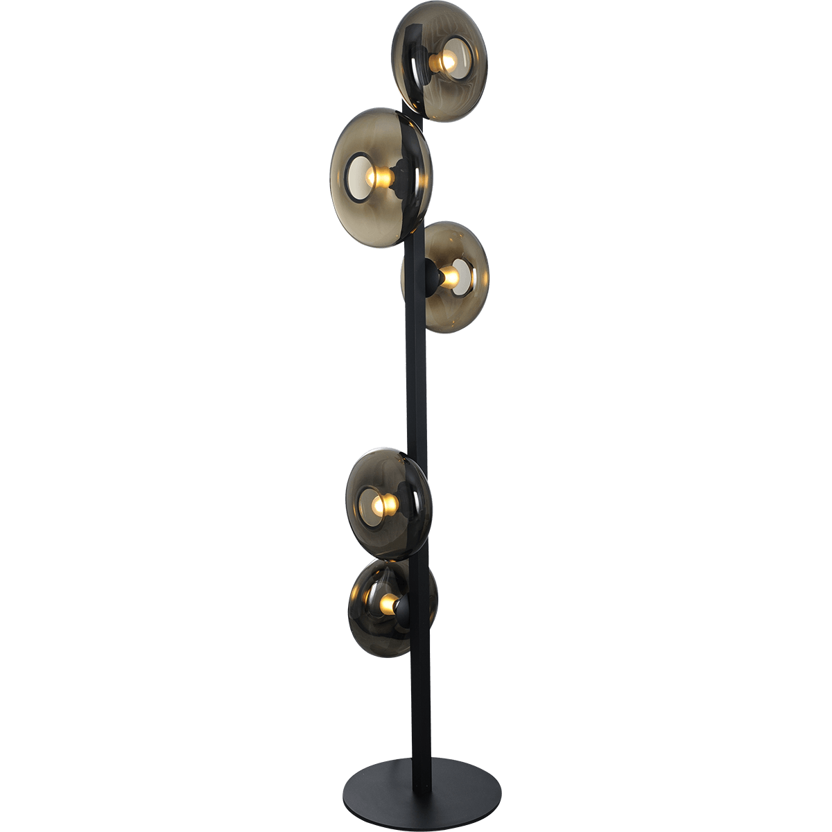 Vloerlamp Hoseki 5-lichts zwart hoogte 171cm - 3x left 2x right - 3x glas smoke Ø23cm + 2x Ø28cm - MASTERLIGHT