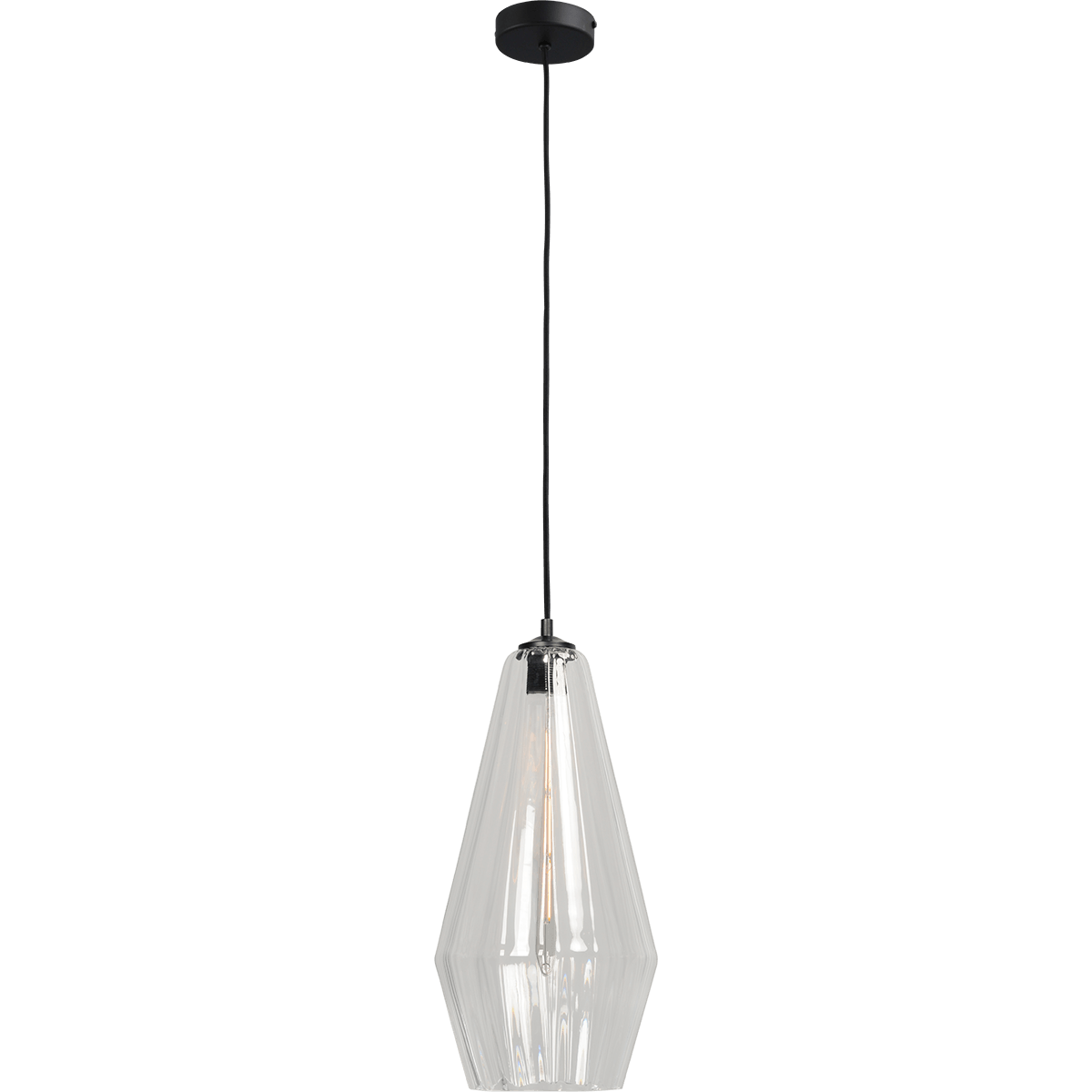 Hanglamp Diamond mat zwart 1-lichts kabel 150cm - glas doorzichtig Ø23x46cm - MASTERLIGHT