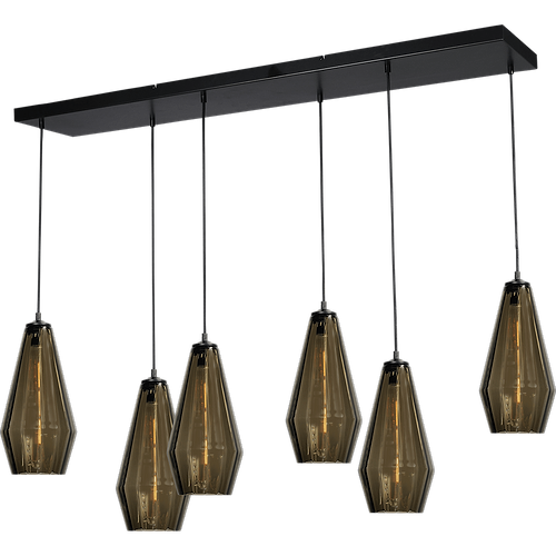 Hanglamp Diamond 6-lichts mat zwart 130x25cm - glas smoke Ø18x36cm - kabel zwart pvc 150cm - MASTERLIGHT