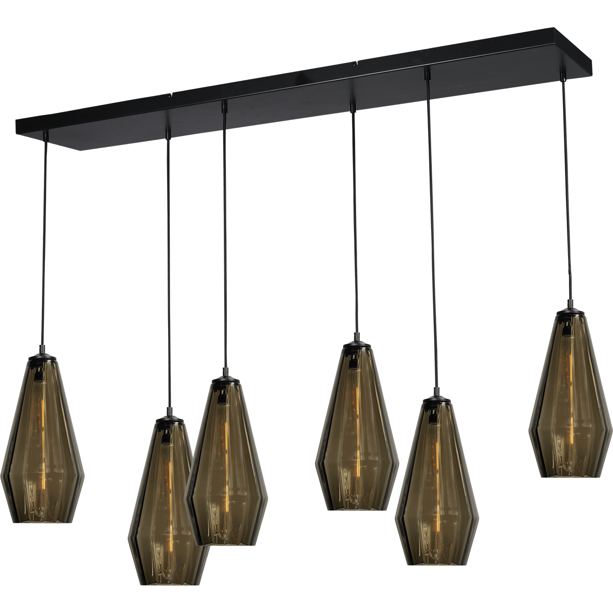 Hanglamp Diamond 6-lichts mat zwart 130x25cm - glas smoke Ø18x36cm - kabel zwart pvc 150cm - MASTERLIGHT