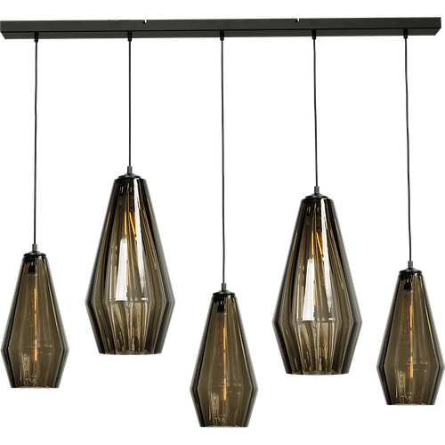 Hanglamp Diamond 5-lichts mat zwart 130x8cm - 2x glas smoke 23x46cm + 3x glas smoke 18x36cm - MASTERLIGHT