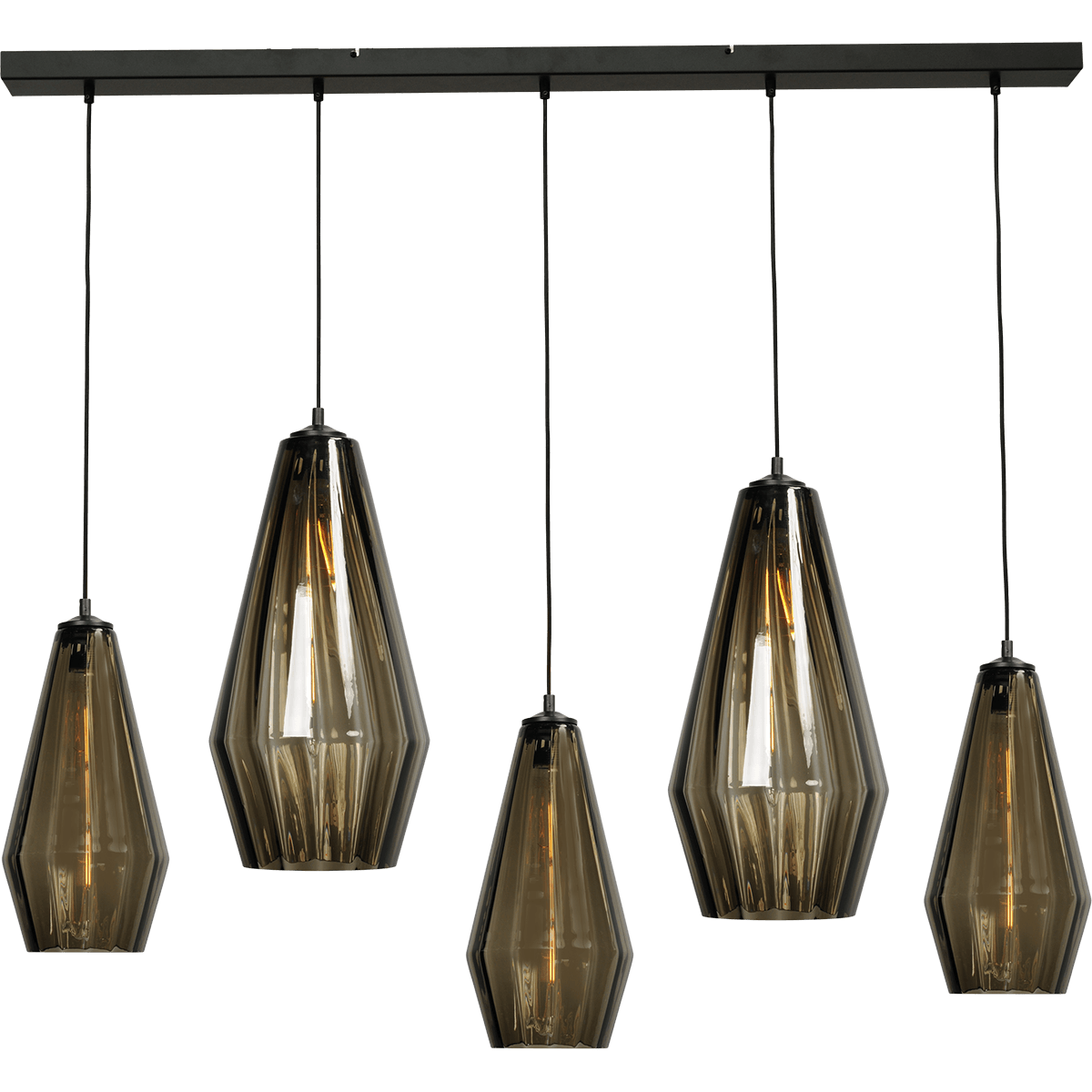 Hanglamp Diamond 5-lichts mat zwart 130x8cm - 2x glas smoke 23x46cm + 3x glas smoke 18x36cm - MASTERLIGHT