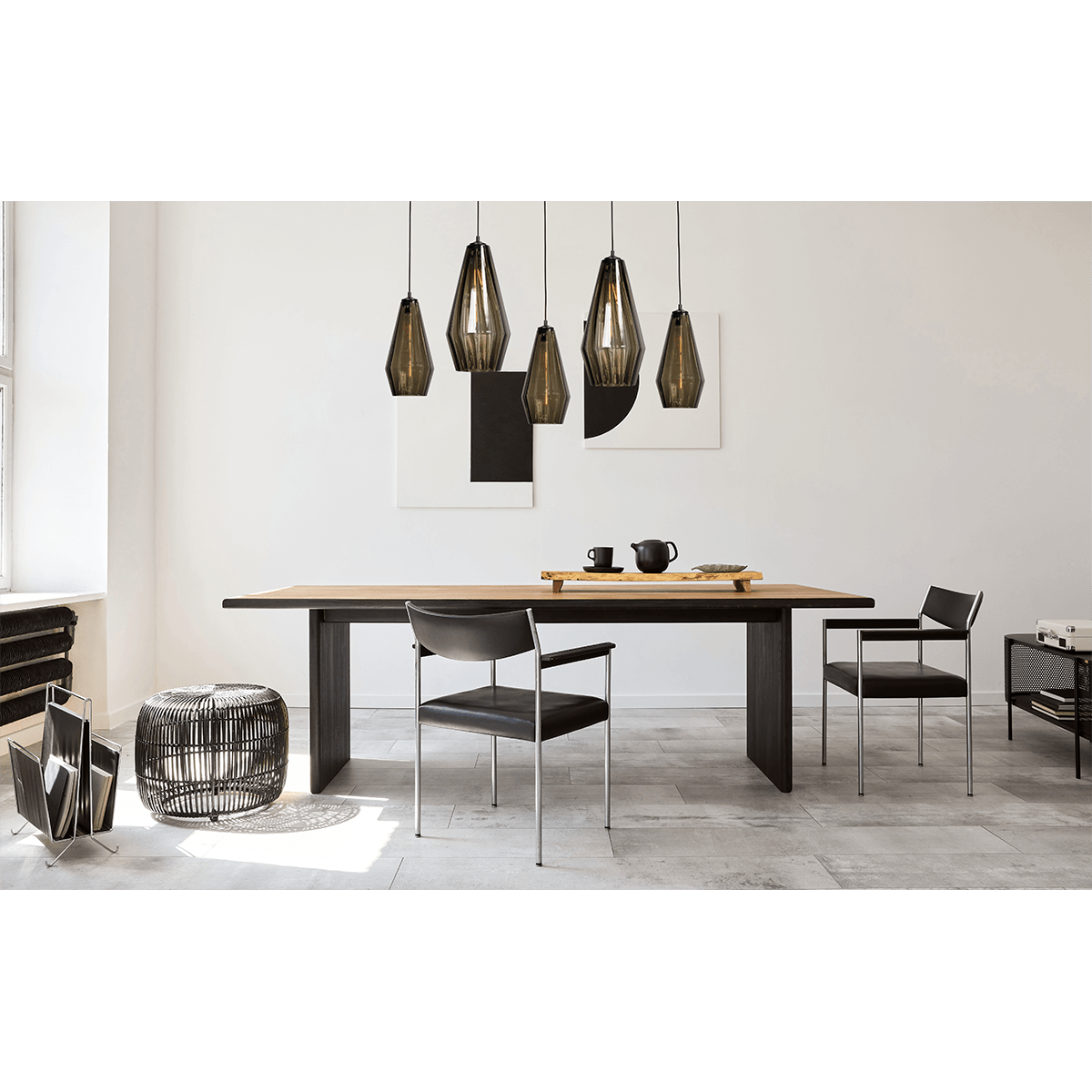 Hanglamp Diamond 5-lichts mat zwart 130x8cm - 2x glas smoke 23x46cm + 3x glas smoke 18x36cm - MASTERLIGHT