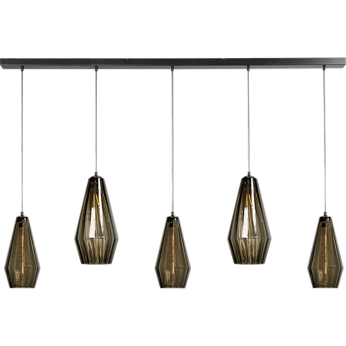 Hanglamp Diamond 5-lichts mat zwart 160x8cm - 2x glas smoke 23x46cm + 3x glas smoke 18x36cm - MASTERLIGHT