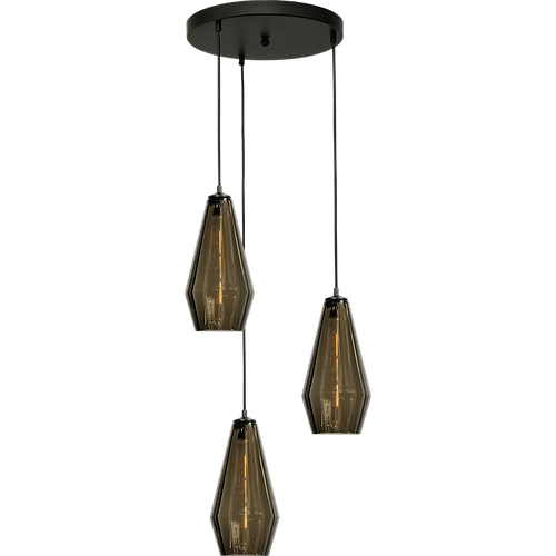 Hanglamp Diamond 3-lichts mat zwart Ø35cm - glas smoke Ø18+36cm - zwarte pvc kabel 150cm - MASTERLIGHT