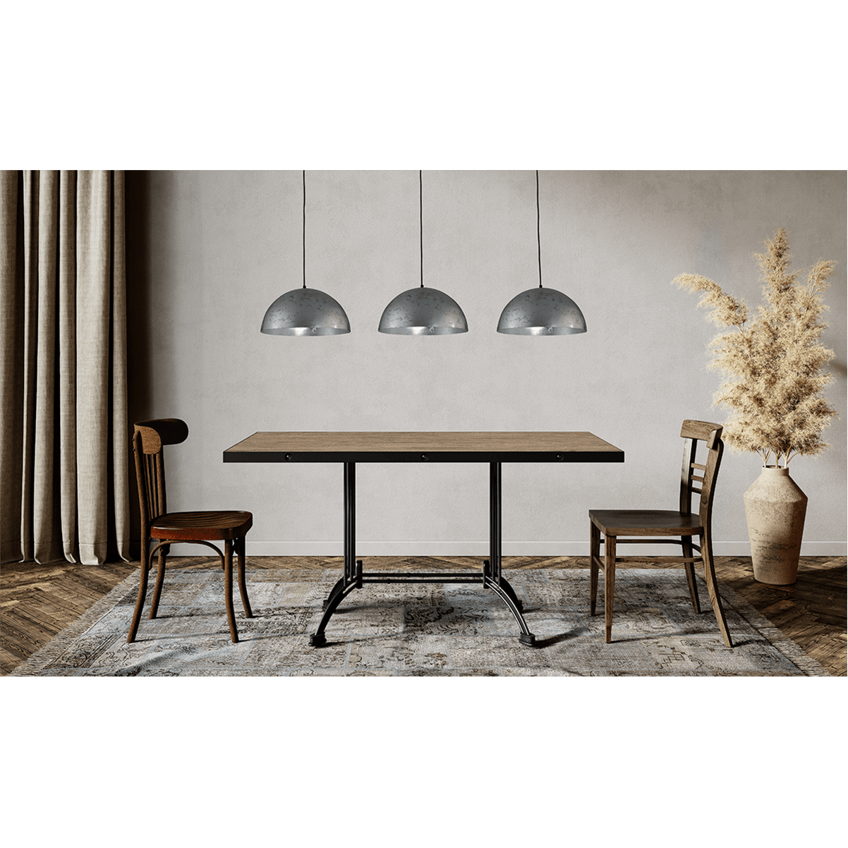 Hanglamp Larino 3-lichts Ø40cm bladzilveren/bladzilveren - plafondplaat zwart - 130x8cm - zwarte pvc kabel 150cm - MASTERLIGHT