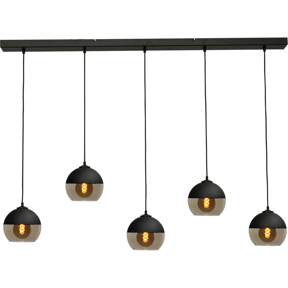 Hanglamp Opaco 5-lichts mat zwart 130x8cm 5x glas smoke Ø20x20cm - MASTERLIGHT