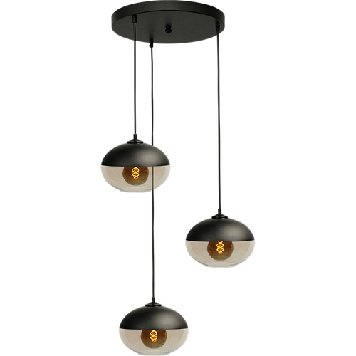 Hanglamp Opaco 3-lichts mat zwart base Ø35cm 3x glas smoke Ø25x17cm - MASTERLIGHT