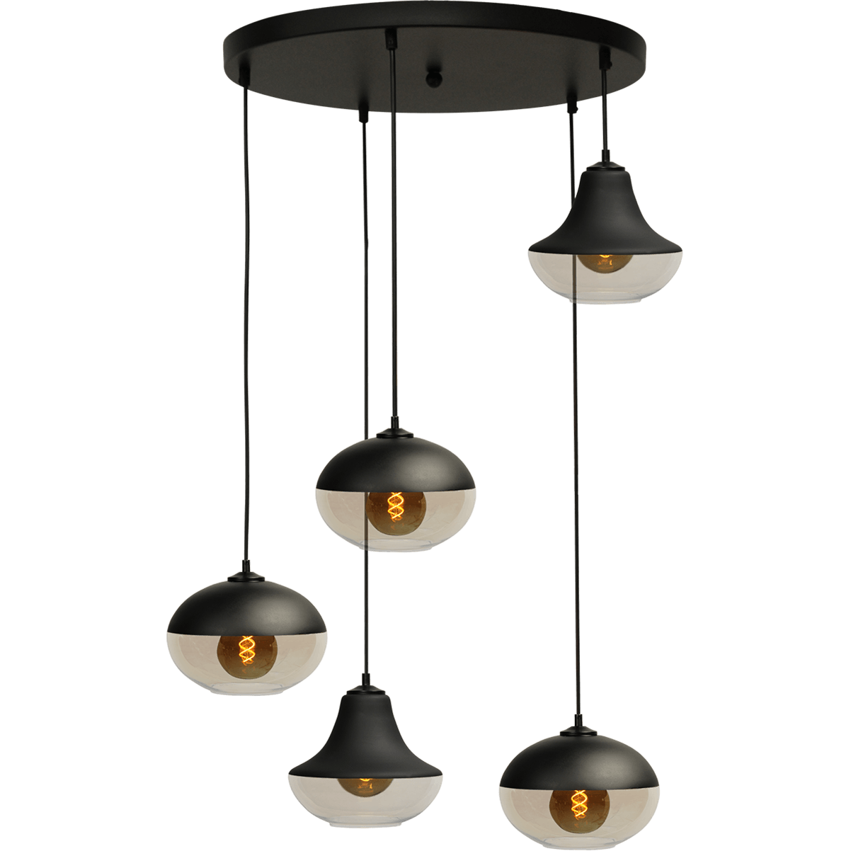 Hanglamp Opaco 5-lichts mat zwart base Ø50cm glas smoke 3x 62270-05-1 + 2x 62270-05-5 - MASTERLIGHT