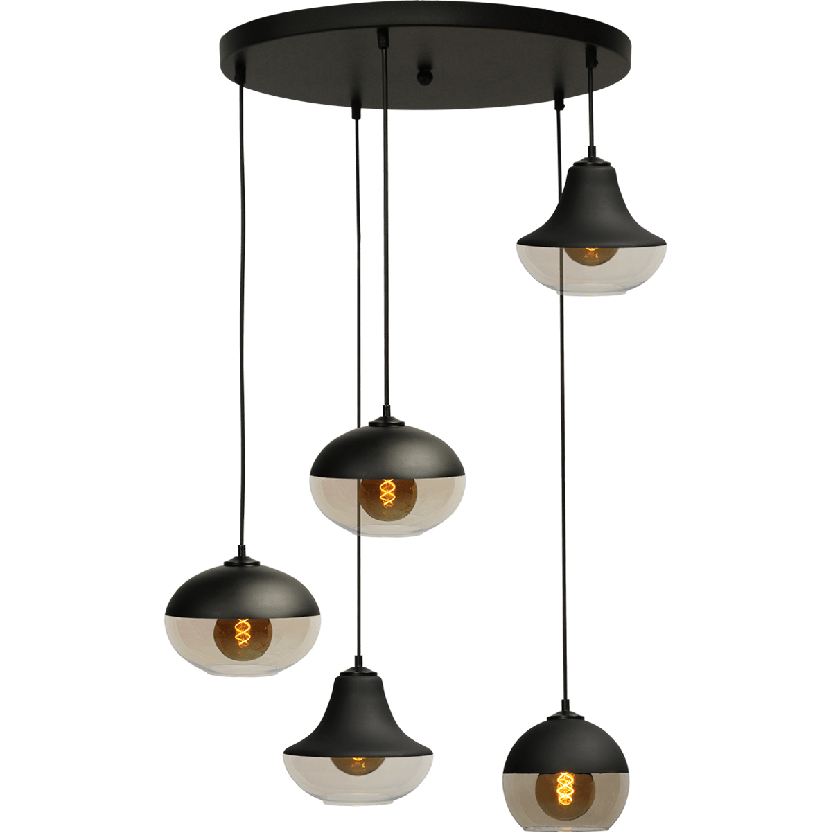 Hanglamp Opaco 5-lichts mat zwart base Ø50cm glas smoke 2x 62270-05-1 + 2x 62270-05-5+ 1x 62270-05-8 - MASTERLIGHT