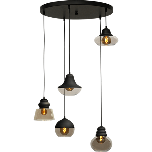 Hanglamp Opaco 5-lichts mat zwart base Ø50cm glas smoke 62270-05-3+62270-05-5+62270-05-6+62270-05-7+62270-05-8 - MASTERLIGHT