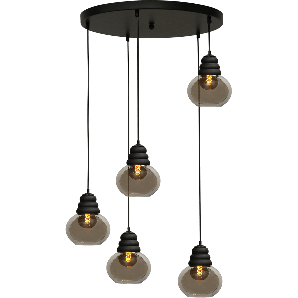 Hanglamp Opaco 5-lichts mat zwart base Ø50cm 5x glas smoke Ø21x24cm - MASTERLIGHT