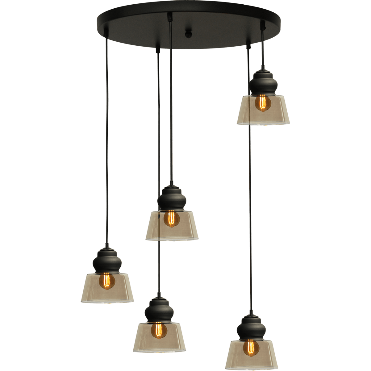 Hanglamp Opaco 5-lichts mat zwart base Ø50cm 5x glas smoke Ø22x21cm - MASTERLIGHT