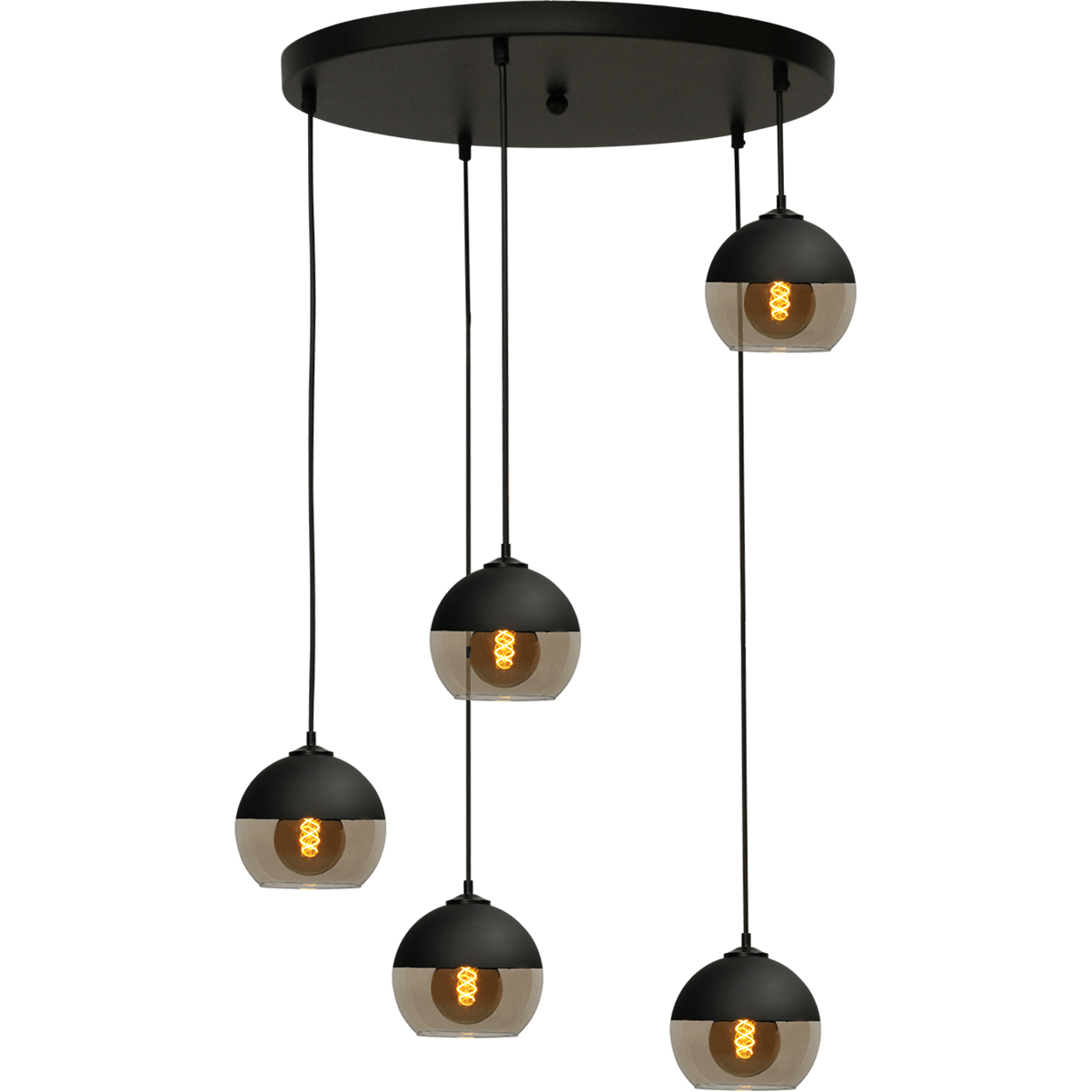 Hanglamp Opaco 5-lichts mat zwart base Ø50cm 5x glas smoke Ø20x20cm - MASTERLIGHT