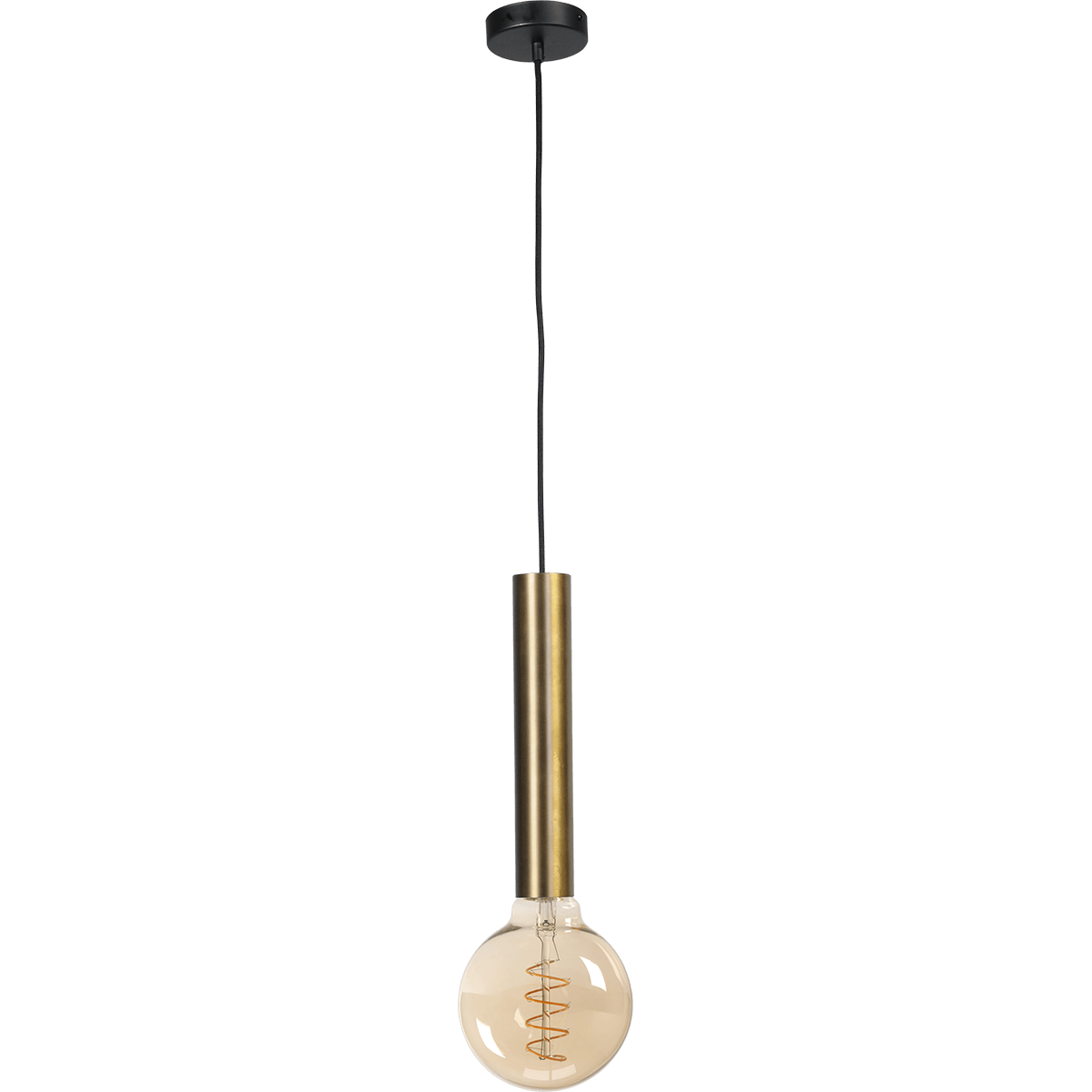 Hanglamp Tomasso 1-lichts antiek messing E27 - Ø45x250mm -  zwarte stoffen kabel 200cm - MASTERLIGHT